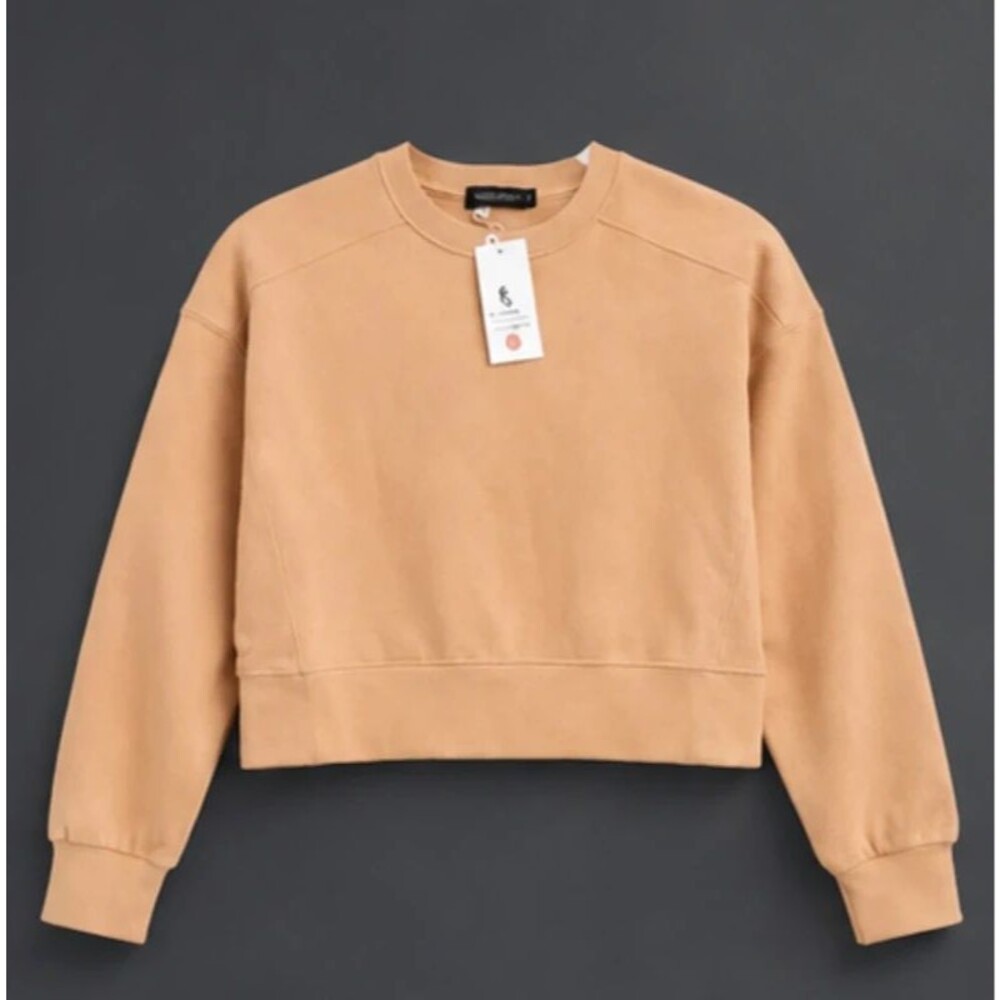 Womenโs Merokeety Cropped Crewneck Sweatshirt Tan Beige Size S 4-6 NWT